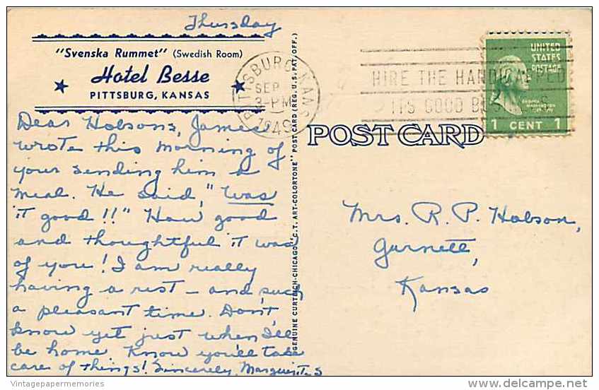 225727-Kansas, Pittsburg, Hotel Besse, Svenska Rummet, Swedish Room, Interior, Linen Postcard, 1949 PM, Curteich - Wichita