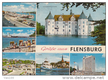 5933- FLENSBURG- HARBOUR, SHIP, BEACH, AVENUE, CAR, TOWN HALL, CASTLE, POSTCARD - Flensburg