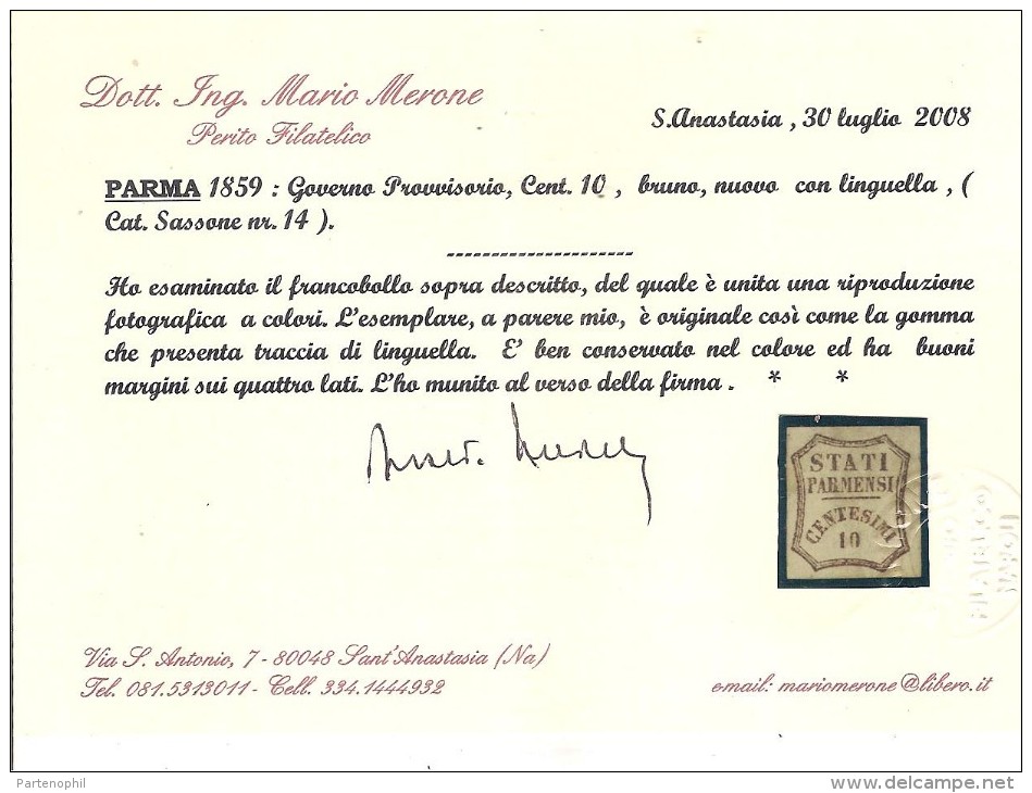 ASI  PARMA 1859 CENT. 10  NUOVO CON LINGUELLA  N.14 CERT. MERONE CAT. € 2200,00 - Parma