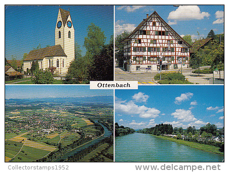 6343- POSTCARD, OTTENBACH- CHURCH, WOODFRAME HOUSE, PANORAMA, RIVER - Ottenbach