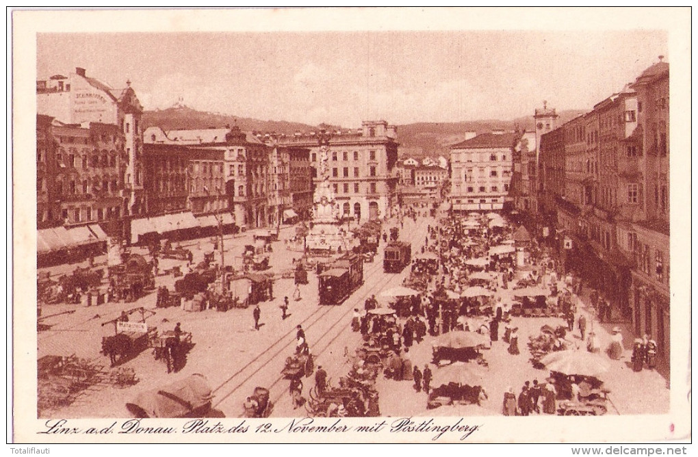 LINZ Platz Des 12. November Mit Pöstlingberg Markt Treiben1925 Straßenbahn Tram Haltestelle Ungelaufen - Linz