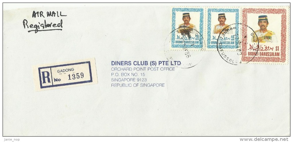 Brunei 1988  Airmail Registered Cover From Gadong To Singapore, 20 Sen And $ 1.00 Sultan Hassanal - Brunei (1984-...)