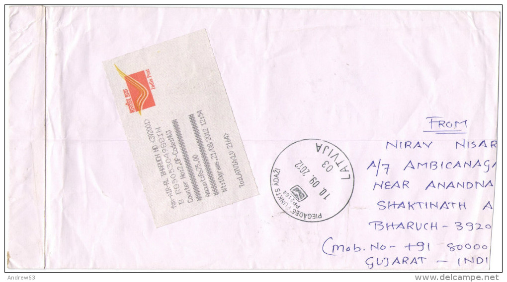 INDIA - 2012 - India Post Registered Mail - Viaggiata Da Bharuch Per Adazi, Latvia - Covers & Documents