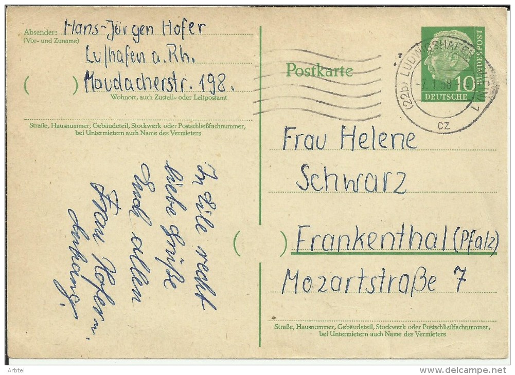 ALEMANIA ENTERO POSTAL 1958 LUDWIGSHAFEN - Cartes Postales - Oblitérées