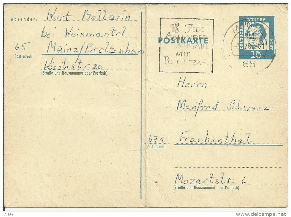 ALEMANIA ENTERO POSTAL 1964 LUTERO LUTHER MAINZ - Cartes Postales - Oblitérées