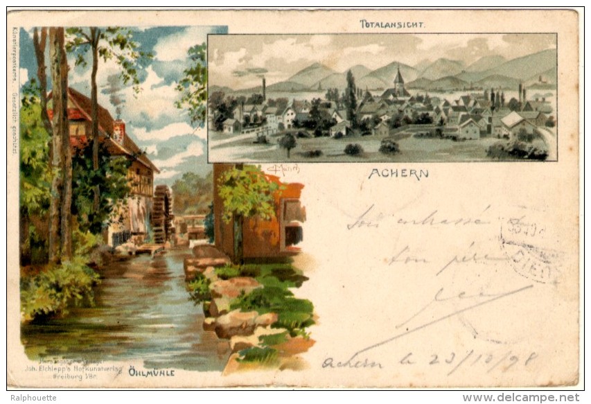 Achern - Totalansicht - Ohlmühle - Lythographie Signée Carl Munch  - Précurseur - Achern