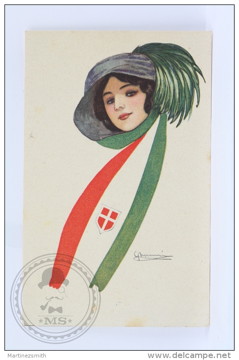 WWI Illustrated Postcard - Pin Up Girl With Italy Flag Scarf & Hat - Art Deco Style Beautie - Signed By Giovanni Nan - Nanni