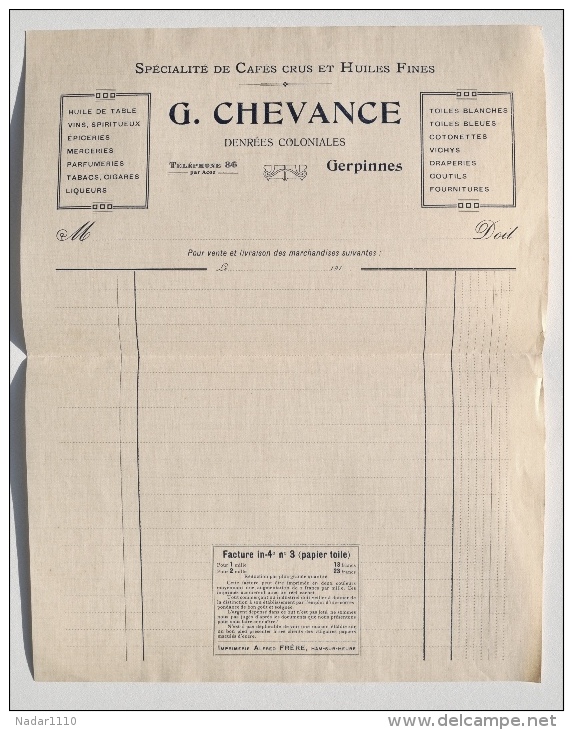 Modèle De Facture De L'imprimeur Frère De HAM-SUR-HEURE Pour Cafés Crus Et Huiles Fines CHEVANCE De GERPINNES - Alimentare