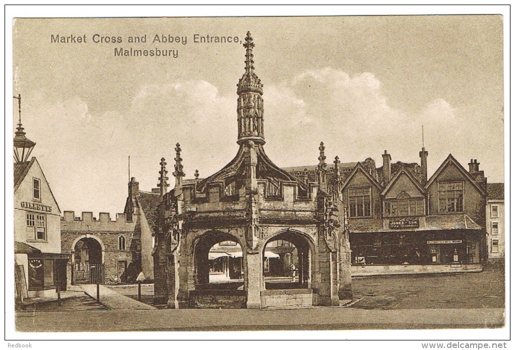 RB 1001 - Early Postcard -  Gilletts + Jones &amp; Son Shop - Market Cross &amp; Abbey  Entrance - Malmesbury Wiltshire - Andere & Zonder Classificatie