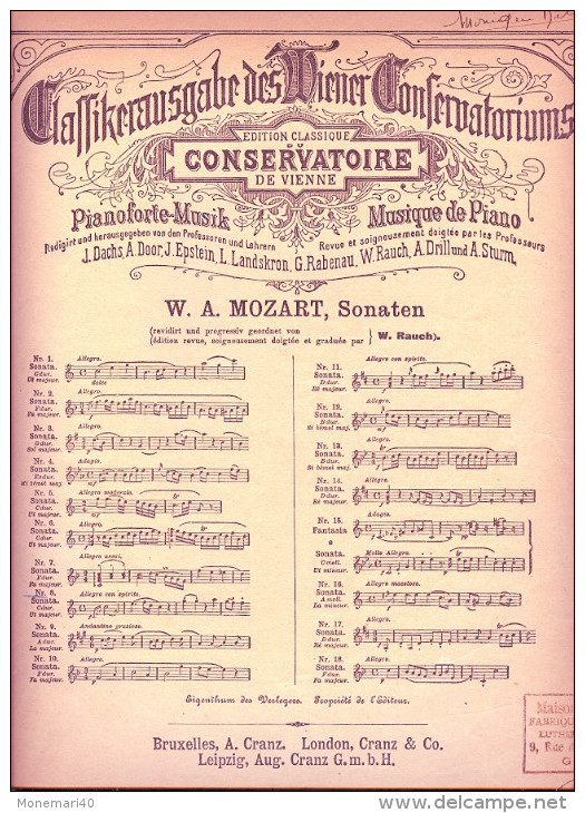 Partition De Piano - Edition Classique Du CONSERVATOIRE DE VIENNE - Sonate N° 8 En UT Majeur - W.A. MOZART - M-O