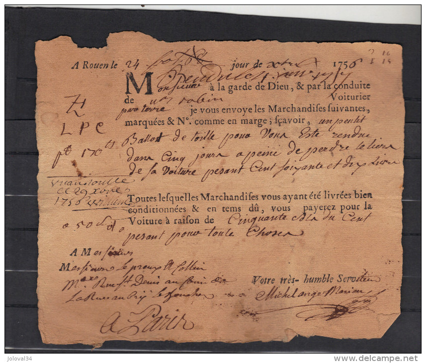 24/10/ 1756 Lettre De Voiture De ROUEN Pour Paris Rue St Denis Au Coin De La Rue Aubry Le Boucher - ... - 1799