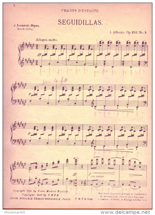 Partition Pour Piano Seul - I. ALBENIZ - Chants D'Espagne - Seguidillas (Opus 232 N° 5) - A-C
