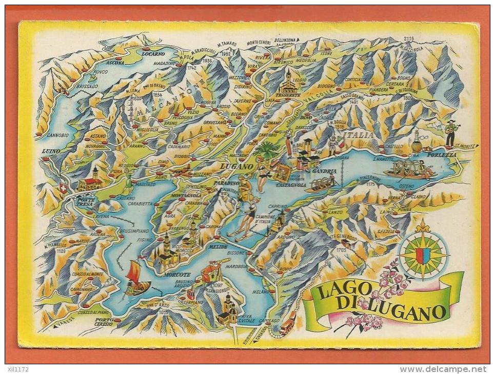 MAQ-06  Panorama Dessiné De La Région Lugano, De Chiasso A Locarno. Circulé En 1967 Timbre Manque - Chiasso