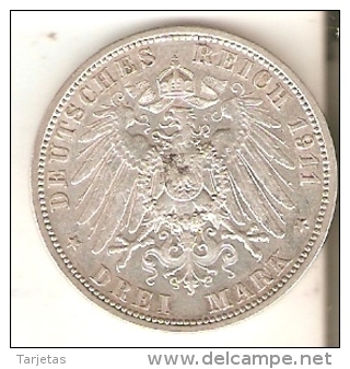 MONEDA DE PLATA DE ALEMANIA DE 3 MARK DEL AÑO 1911 LETRA A (COIN) SILVER,ARGENT. - 2, 3 & 5 Mark Argent