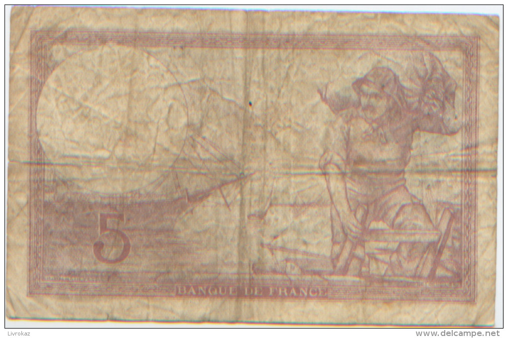 Billet De Banque, Banknote, Biglietto Di Banca, Bankbiljet, Banque De France, Cinq Francs "Violet" 1939, A Circulé - 5 F 1917-1940 ''Violet''