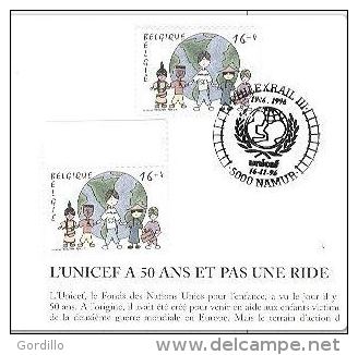FDC Sur Feuillet Poste Belge 50 Ans De L´UNICEF 1 Timbre MNH Collé Sur Bande + 1 Obl. 1er Jour.. - 1991-2000