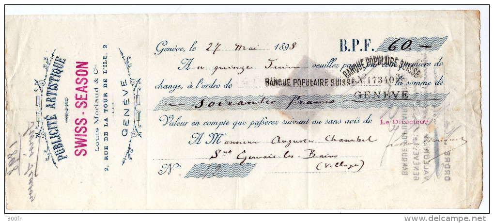 Suisse - 1894 Lettre De Change Timbre Fiscal Quittances 5c Entete "Publicité Artistique SWISS SEASON" Genève SUISSE - Suisse