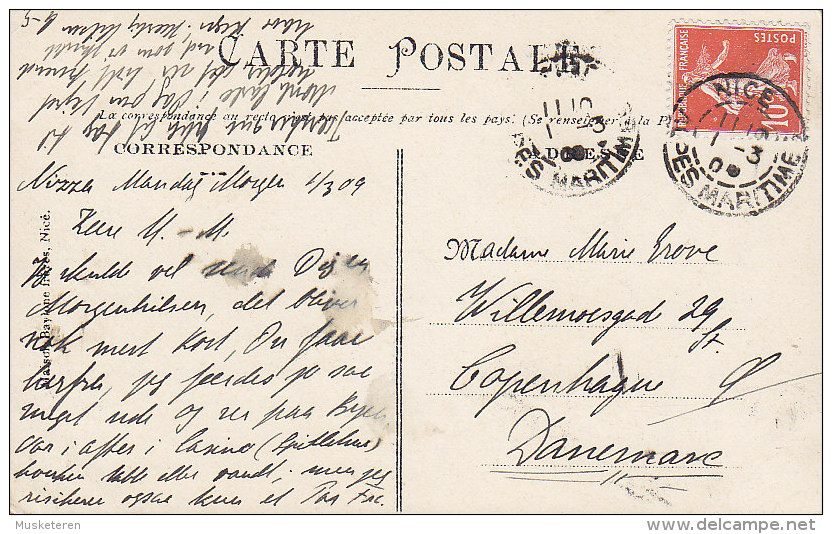 France Semeuse ERROR Variety CPA Nice Promenade Et Hotel Des Anglais NICE Alpes Maritimes 1909 To Denmark (4 Scans) - Lettres & Documents