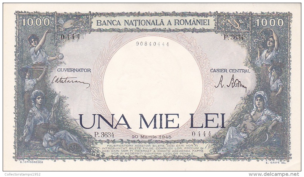 2058A,  BANKNOTE, 1000, UNA MIE LEI, 20 MARTIE1945, ROMANIA. - Romania