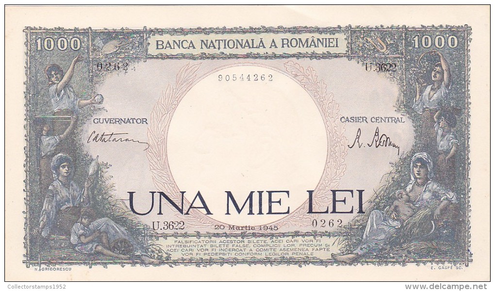 2058A,  BANKNOTE, 1000, UNA MIE LEI, 20 MARTIE 1945, ROMANIA. - Romania