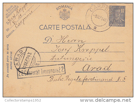 7806- KING MICHAEL, PC STATIONERY, ENTIER POSTAUX, CENSORED TIMISOARA NR 22, 1943, ROMANIA - 2. Weltkrieg (Briefe)