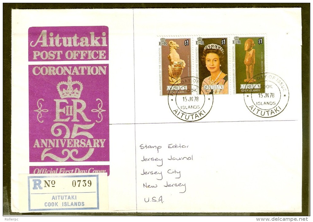 090008 Sc 166a,b,c-25 QUEEN ELIZABETH, 25TH ANNIVERSARY OF CORONATION ON FDC-REGISTRATION#0739 JERSEY CITY BACK STAMP - Aitutaki