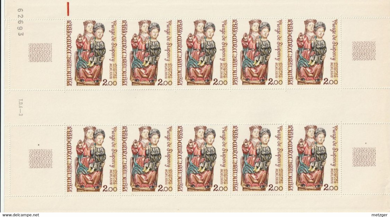 Feuille  Complète  D'Andorre Français De 10 Timbres Du N° 271. Vierge De Sispony - Neufs