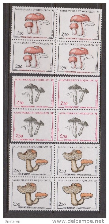 St Pierre & Miquelon 1987 - 1990 Mushroom Fungi 3 Values In Blocks 4 MNH - Neufs