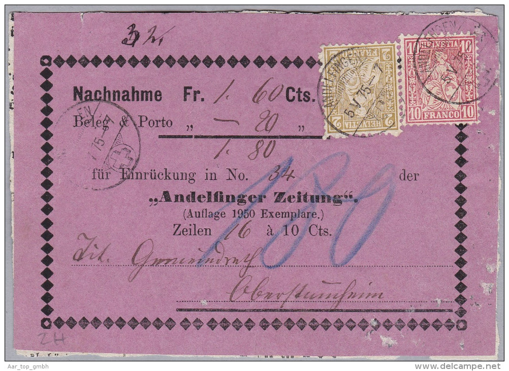 Heimat ZH ANDELFINGEN 1875-05-05 Auf Nachnahmen Zettel "Andelfinger Zeitung" Mit 2+10Rp. Sitzende - Covers & Documents