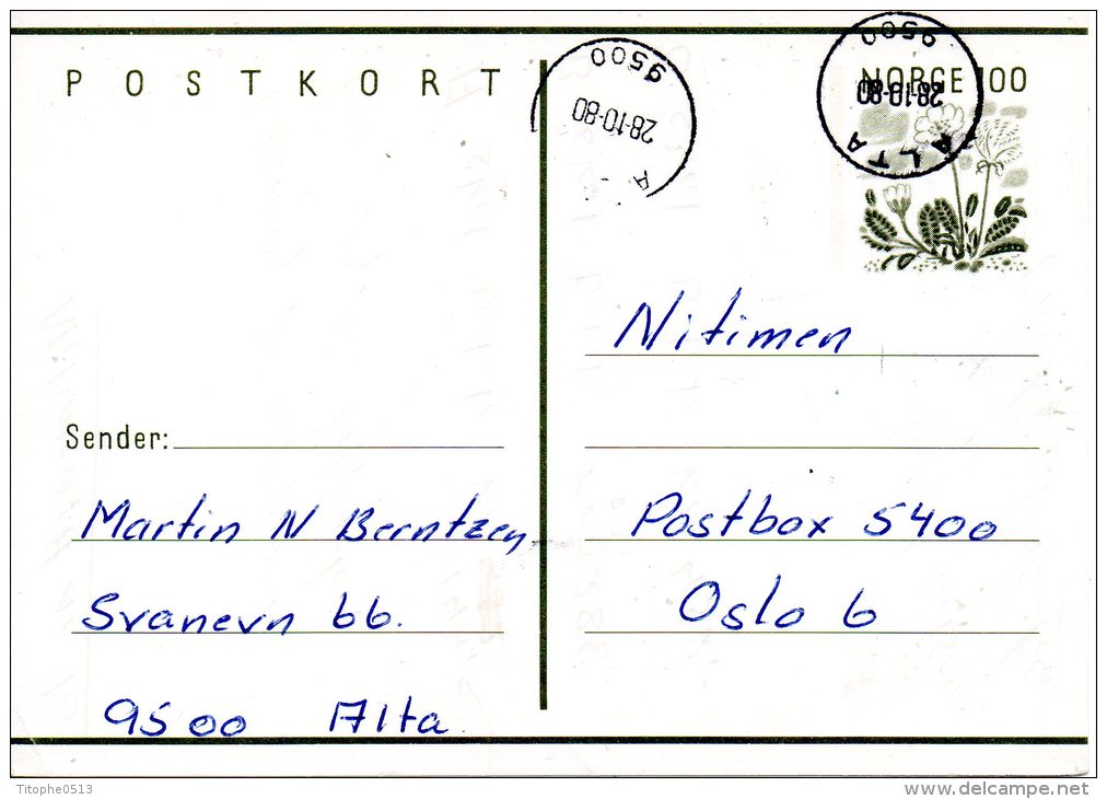 NORVEGE. Carte Ayant Circulé En 1980 Avec Cachet De La Ville Polaire D'Alta. - Sonstige & Ohne Zuordnung