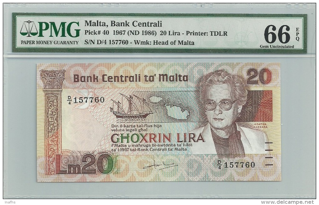 Malta 20 Lira 1967 (1986) P40 Graded 66 EPQ By PMG (GEM UNC) - Malte