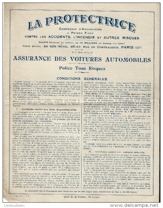 Contrat D'Assurance/ Assurance Des Voitures Automobiles /Tous Risques/ La Protectrice /1931    BA29 - Banque & Assurance