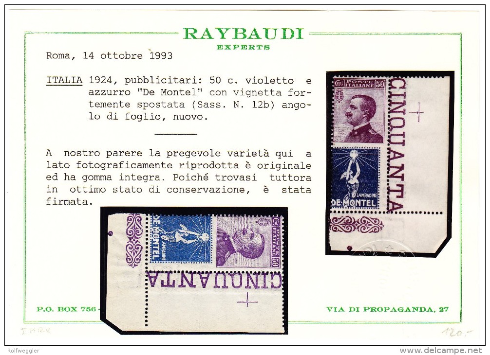 Italien 1924 Sass.#12b ** 50Cent Violett Mit Werbung "De Montel" Blau ** Attest Raybaudi - BM Für Werbepost (BLP)