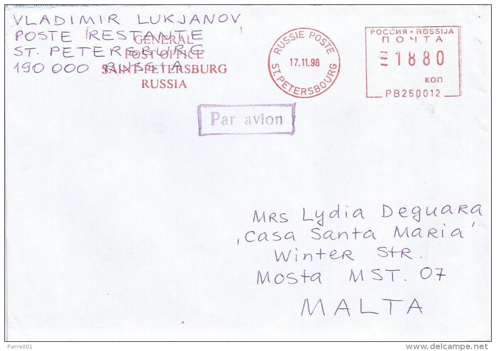 Russia 1998 St Petersbourg Post Office Meter Franking Pitney Bowes-GB “A900” PB250012 EMA Cover - Machines à Affranchir (EMA)