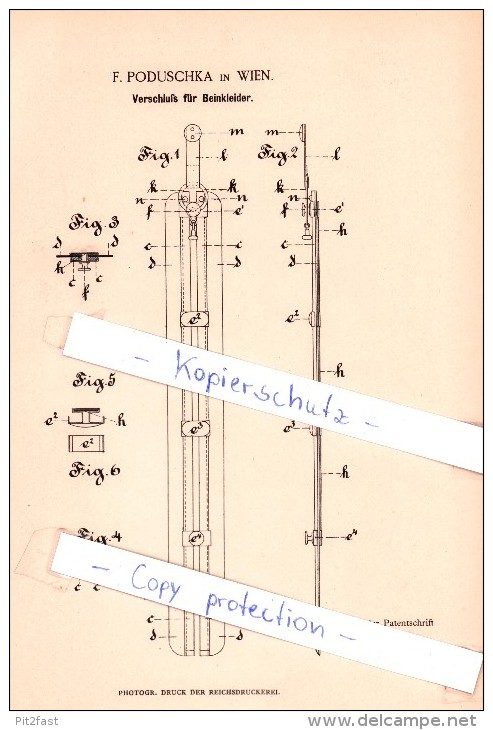 Original Patent  - F. Poduschka In Wien , 1884 ,  Verschluß Für Beinkleider !!! - Chemisettes & Culottes