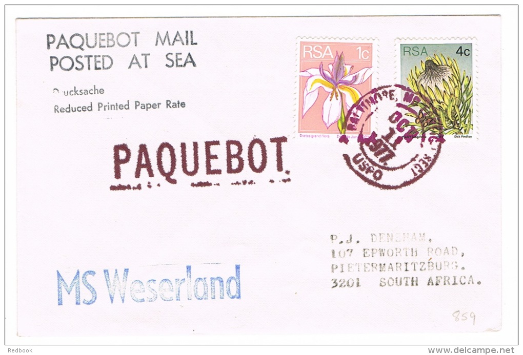 RB 1005 - 1977 South Africa Paquebot Ship Letter M/S Weserland - 5c Rate To South Africa  - Maritime Theme - Lettres & Documents