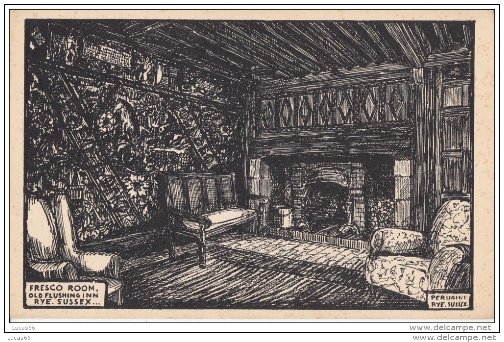 POSTCARD 1930 CA. RYE FRESCO ROOM OLD FLUSHING INN - PUBLISHED BY PERUGINI - Rye