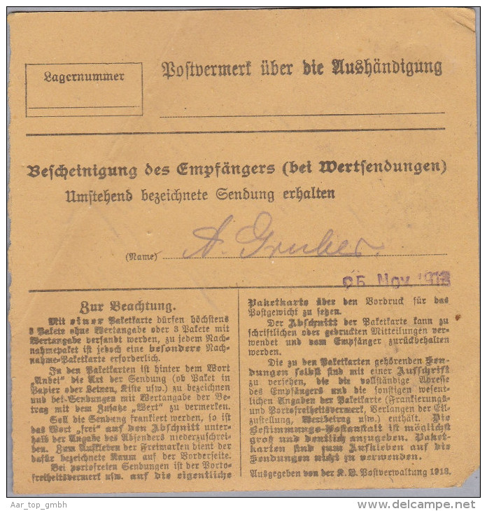 Heimat DE BAY HARTKIRCHEN 1918-11-21 Paketkarte - Covers & Documents