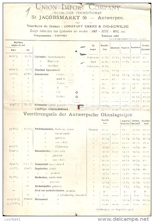 Liste Des Prix - Prijslijst - Dierenvoeding Union Import Company Antwerpen - Erkes & Ide - Dewilde 1912 - Agriculture