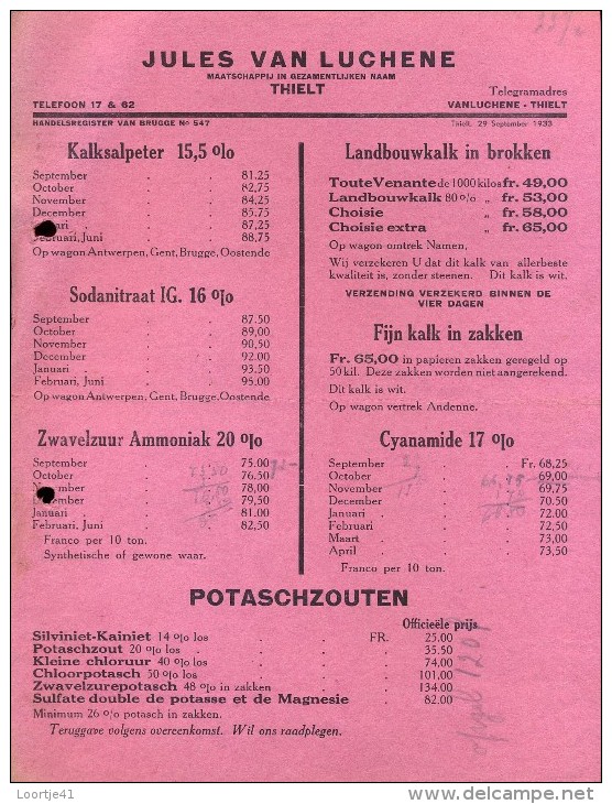 Prijslijst Landbouw Meststoffen Engrais Kalksalpeter  - Jules Van Luchene Tielt 1933 - Landbouw