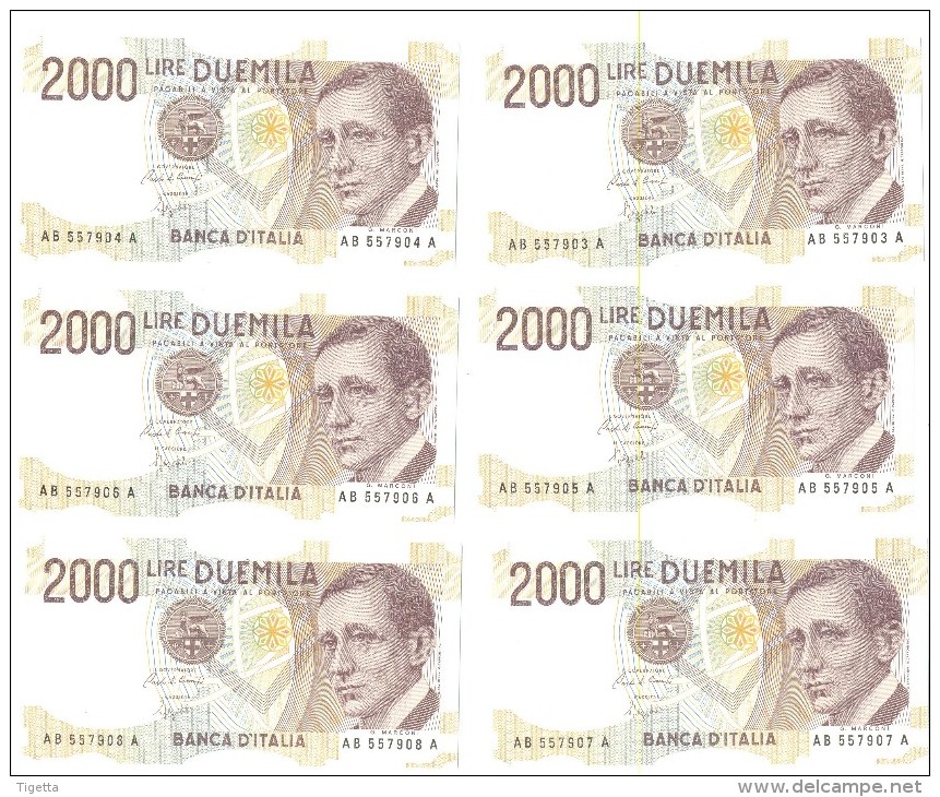 ITALIA BANCONOTE DA LIRE 2000  MARCONI LOTTO DI 6 CONSECUTIVE  SERIE AB 557903 A-AB 557908 A   FDS - 2.000 Lire