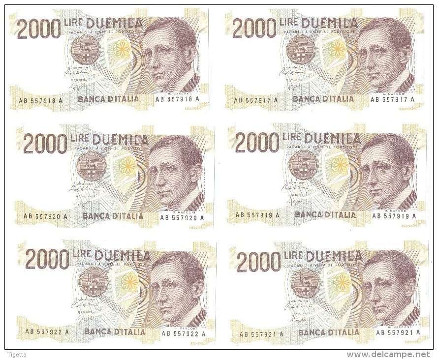 ITALIA BANCONOTE DA LIRE 2000  MARCONI LOTTO DI 6 CONSECUTIVE  SERIE AB 557917 A-AB 557922 A   FDS - 2000 Liras