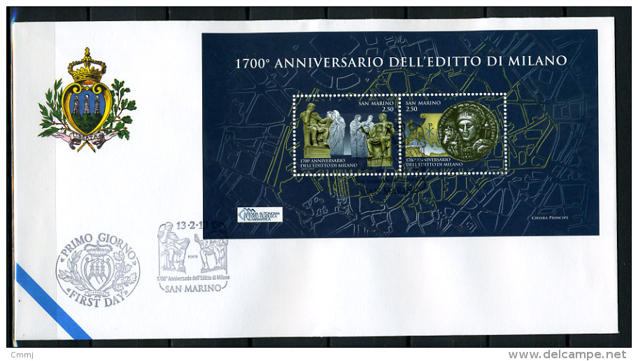 2013 - SAN MARINO - SAINT-MARIN -  1700° Anniversario Dell’editto Di Milano -  FDC - Gebraucht