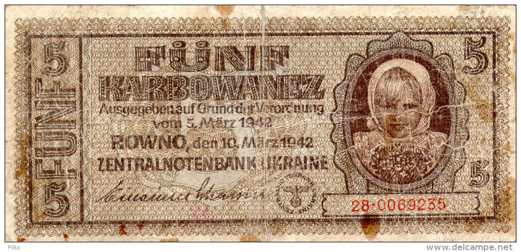 Ukraine, 5 Karbowanec,P.51,ROWNO 10.03.1942,as Scan - 2. WK