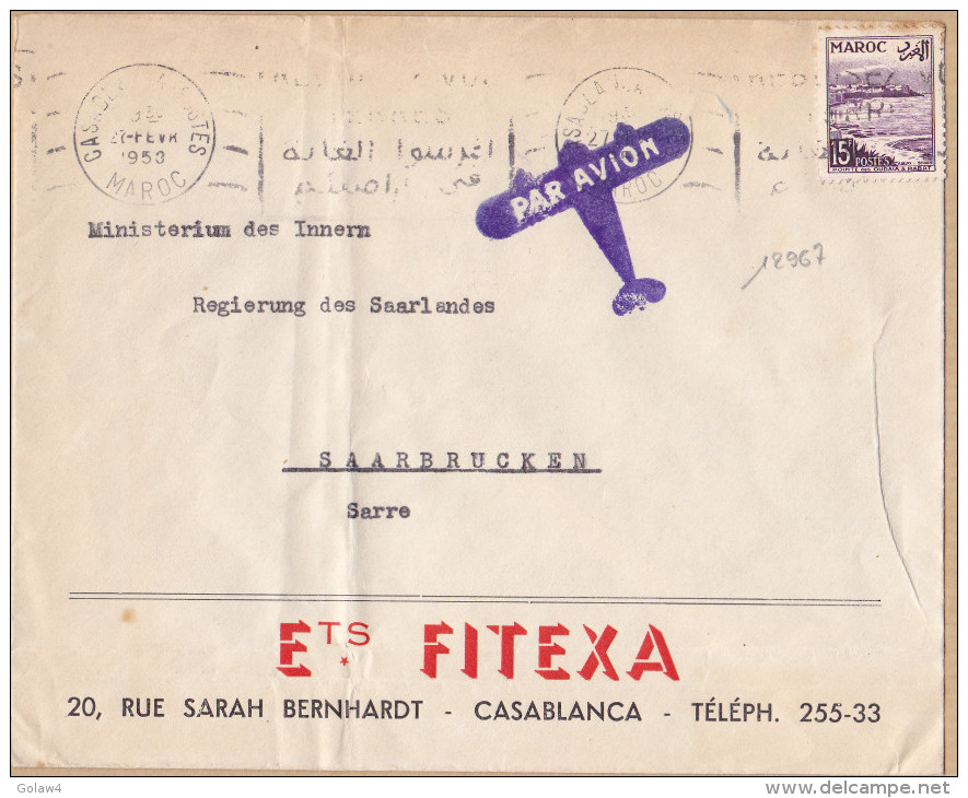 12967# MAROC LETTRE PAR AVION Obl CASABLANCA 1953 SAARBRUCKEN SARRE SAAR - Airmail