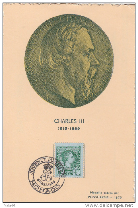 CARTE MAXIMUM   N° 301  CHARLES III    JOURNEE DU TIMBRE 1948 - Maximumkaarten