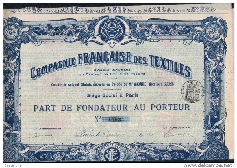 PART DE FONDATEUR -COMPAGNIE FRANCAISE DES TEXTILES - Textiel