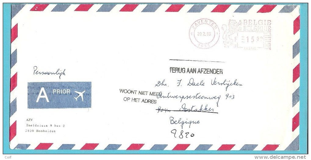 Brief Met Roodfrankeering ZAVENTEM Naar OOSTAKKER Met Stempel TREUG AAN AFZENDER / WOONT NIET MEER.... - 1980-99