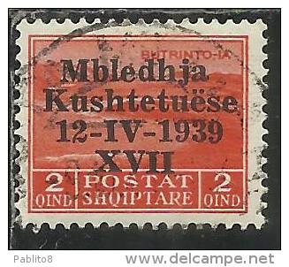 ALBANIA 1939 ASSEMBLEA COSTITUENTE 2 F USATO USED OBLITERE´ - Albania