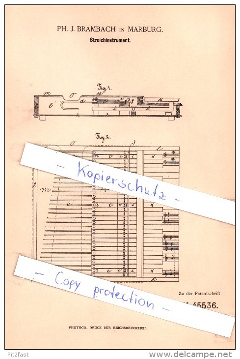 Original Patent  - Ph. J. Brambach In Marburg , 1888 , Streichinstrument !!! - Instrumentos De Música